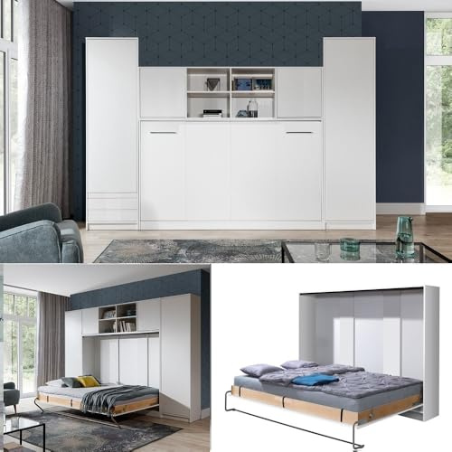 QMM Schrankbett Wandbett Wandklappbett horizontal HB 90x200 mit 2 Schränken & Aufsatz Farbauswahl (Weiß Hochglanz (Fronten))
