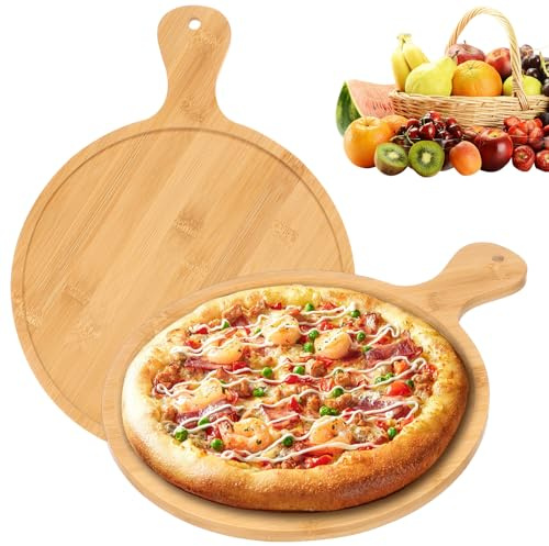 Goshoppers Set of 2 Pizza Plates 28 cm / 18 cm Wooden Pizza Tray with Handle Round Pizza Board Wooden Plate Versatile Food Plate Serving Board for Pizza, Bread, Fruit, Desserts (2 Pieces 28 cm)