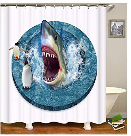 Daesar Polyester-Stoff Duschvorhang Antischimmel Hai Fisch und Pinguine Lustiger 3D Duschvorhang 120x180 cm