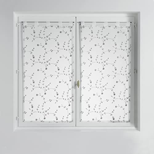 Douceur d'Intérieur, Par Recto pasante de 2 x 60 x 120 cm, con Visillo Bordado, diseño de pequeñas Flores, Color Blanco/Gris.
