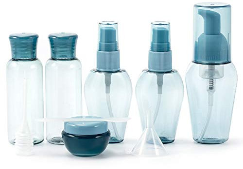 RinTalen Bouteilles de Voyage ZKSM, Ensemble de 6 récipients vides pour cosmétiques avec Étiquette, Entonnoir, Paille pour Liquides, émulsion d'eau(Bleu, Transparent)