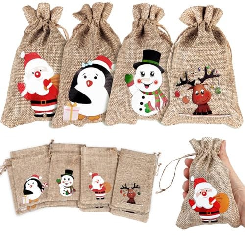 FINGOOO Christmas Jute Burlap Gift Bag, 12 Pieces Drawstring Bag Candy Pouch Snack Sack for Kids Xmas Party Favour