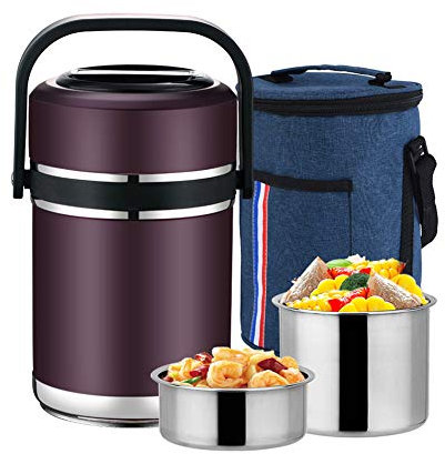 Q&Z Frasco TéRmico Comida Lunch De Acero Inoxidable PortáTil 3 Capas Termo Box De Platos Calientes para BebéS Comida Sopa Comida Caliente,2.3L