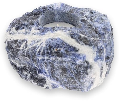 Lebensquelle Plus Blauer Sodalith Teelichthalter | Naturbelassener Edelstein | Teelicht Edelsteinteelicht