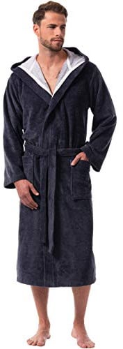 Morgenstern Bademantel Herren Graphit Grau mit Kapuze lang leicht Männer Hausmantel Duschbademantel Morgenmantel Microfaser Viskose Baumwolle Größe L