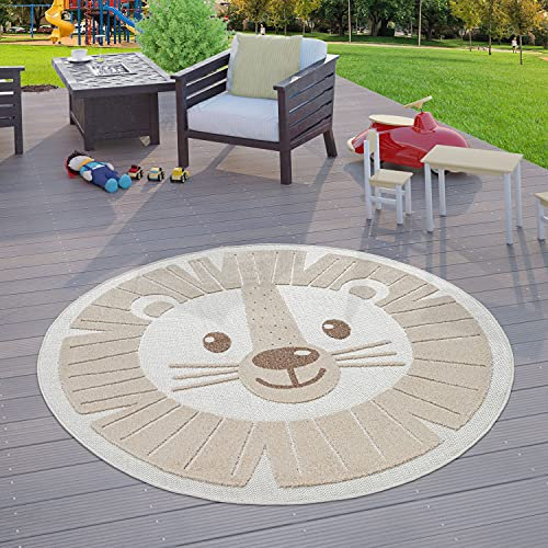 TT Home Kinderzimmer Outdoor Teppich Kinder Rund Spielteppich 3D Optik Löwe Beige, Größe:Ø 200 cm Rund