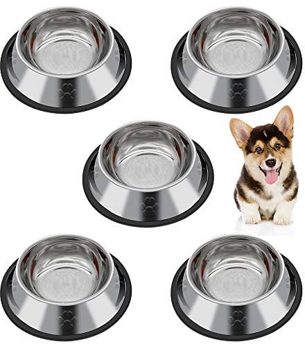 Iyowei 5 Stück Edelstahl Hundenapf, rutschfeste Katzennapf Set Fressnapf Set Sichere Futternapf Wasser Fütterung Schüssel für Katze Hunde Hamster Welpe Kleine Tiere (Größe: 15.6 * 3.5cm)