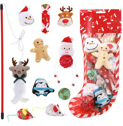 Lewondr Kit de Jouets de Noël Interactifs pour Chat [Lot de 10], Jouets en Peluche pour Entraîner Les Animaux Domestiques, Jouets pour Chat de Canne à Pêche Poupées en Peluche de Souris, Multicolore