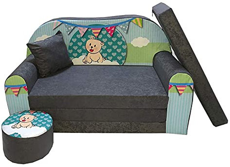 FORTISLINE - Kindersofa ausklappbar 100x60x50 cm - Kindersofa für Kinder 2in1 - Kindercouch ausklappbar - 2-Sitzer - Schlafcouch aus Schaumstoff + Hocker + Kissen - Viele Motive