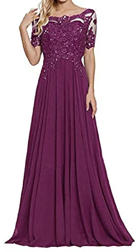 yhfshop Damen Abendkleid lang,Schulter-Kurzarm-Partykleid mit Spitzenapplikationen-Fuchsie_54,Damen Abendkleider Lang Ballkleider