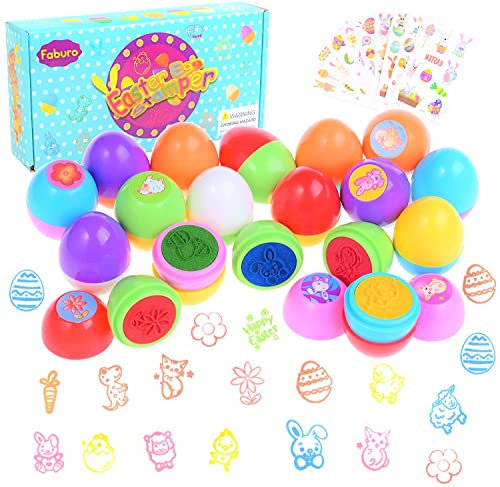 Faburo 18 Stück Stempel Ostereier Stempelset Ostern, Kinder Stempel Osterdeko mit 10pcs Osteraufkleber Ostern, Selbstfärbend für Kinder