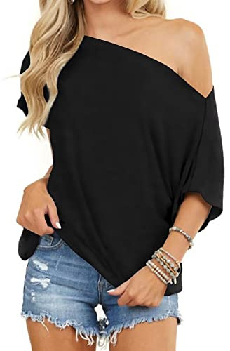 LEEDYA Women's One Shoulder Shirts Casual Boat Neck Short Sleeve Tee Loose Tunic Top Blouses Black XX-Large