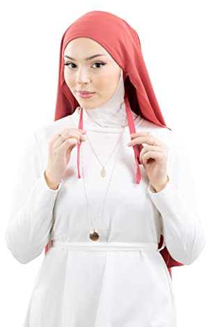 HE700 Damen-Hijab zum Hineinschlüpfen mit Knotenmütze, luxuriöser Medinenseide, korallenrot, One size