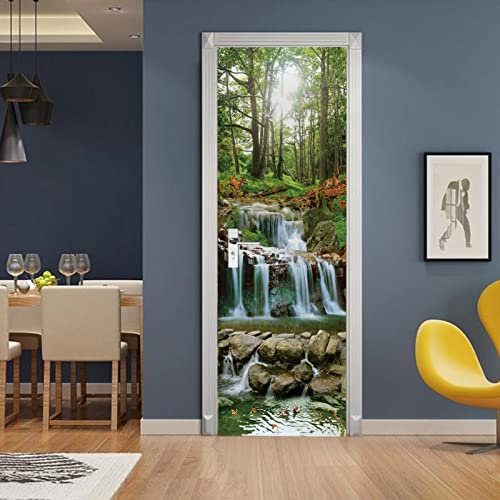 A.Monamour Sticker Porte Autocollant Poster De Porte 3D Cascade Cascade Dans La Forêt Avec La Lumière Du Soleil À Travers Les Arbres Nature Paysage Vinyle Affiche De Porte Sticker Mural 85 x 200 cm
