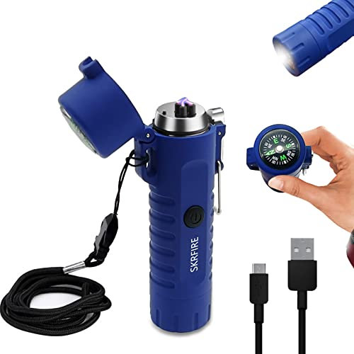 Elektrisches Feuerzeug, USB-wiederaufladbares Feuerzeugs mit LED-Taschenlampe und Kompass, winddichtes wasserdicht, Dual-Arc Plasma-Feuerzeug (blau)