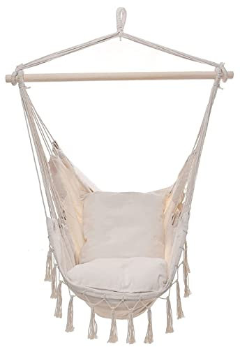 OLAMASA Fauteuil Suspendu Chaise Suspendue Déco Maison Cocooning Balançoire Siège avec 2 Coussins Chaîne en Bois Capacité 120 kg Intérieur Extérieur Salon Chambre (C)