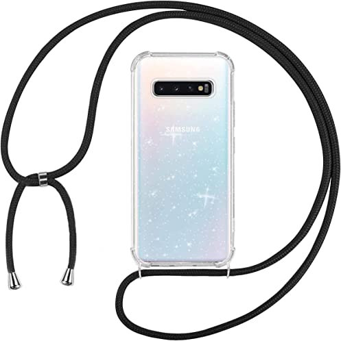Tikgue Handykette für Samsung Galaxy S10 Hülle mit Band, Handyhülle mit Kordel zum Umhängen Schutzhülle mit Kette Glitzer Transparent Weich TPU Silikon Bumper - Schwarz