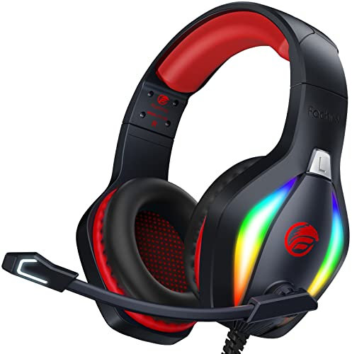 Fachixy 「2024 New」 FC100 Gaming Headset für PS4/PS5/PC/Xbox/Nintendo Switch, PS4 Kopfhörer mit Kabel und RGB Licht, Stereo Surround Kopfhörer mit Mikrofon, Noise Cancelling Gamer Headphones - ROT