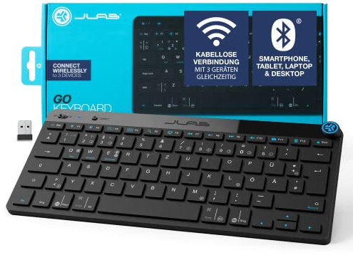 JLab GO Wireless Bluetooth-Tastatur, DE-Layout Mehrere Verbindungsoptionen, ?Multifunktionaler Medienregler