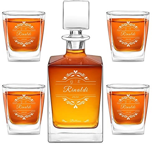 Maverton kit Caraffa con 4/6 bicchieri per whisky - Decanter con incisione personalizzata - da 810 ml per anniversario o nozze - Bottiglia da whisky in vetro - pensiero per coppia - Heart