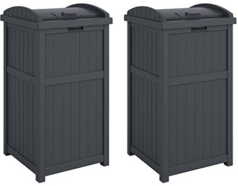 Suncast 2 Pack Trash Hideaway Refuse Container, Stylish Resin Outdoor Garbage Bin with Latching Lid, 30 to 33 Gallon Capacity, Cyberspace
