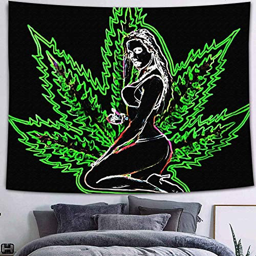 369 Wandtuch Groß Wandteppich Wandbehang Neuheit Wand Dekoration Für Schlafzimmer Schlafsaal Picknick 100X150cm Green Weed Cannabis Sexy Woman-Trippy Weed Leaf