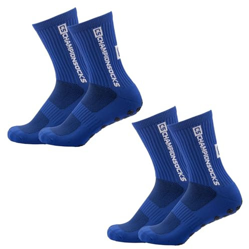 LAUMOE 2 Paare Grip Socken Fussball, Fußball Socken, Football Socks, Socken Fussball Fußballsocken 39-44 Rutschfeste Sportsocken für Fussball Basketball Laufen (Blau)