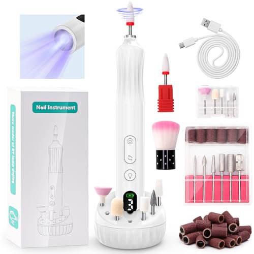 Kriogor Electric Nail File Cordless with a Nail Polish Drying Lamp & a Storage Base, Electric Nail Drill Machine for Acrylic Gel Nails 5-Speed Adjustable E File Manicure Nail Drill Bits Set Girls Gift