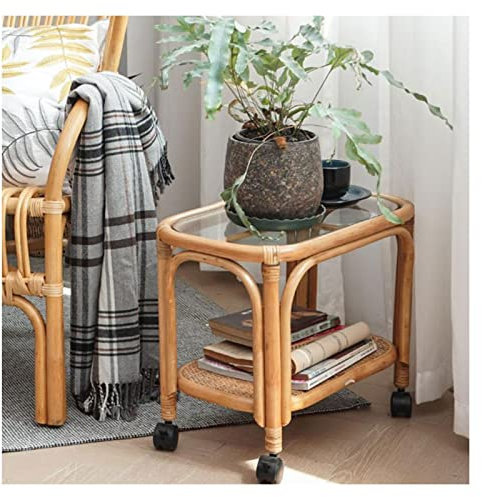 Beistelltisch, Terrassentische, Rattan-Beistelltisch, Beistelltisch mit Glasplatte für den Innenbereich, Wohnzimmer, Schlafzimmer, Balkon, für draußen, Terrasse, Veranda, Deck, Couchtisch (Farbe: