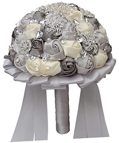 Cabilock Bouquet da Sposa Artificiale Nastro e Strass, Effetto Realistico, per Matrimonio e Decorazione Tavolo in Salotto, Argento