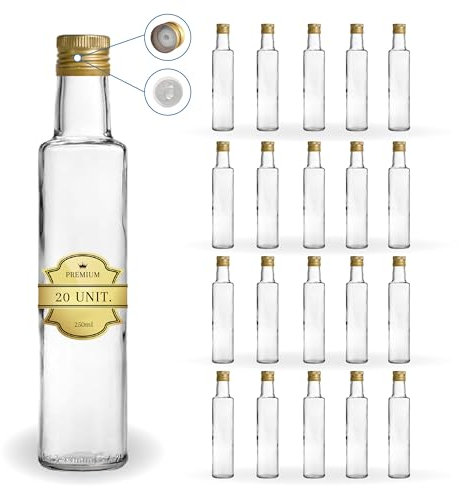 Espirito Rebelde 20 Bouteilles en Verre 250ml avec Bouchon a Vis Doré avec Bec Verseur | Huile d'Olive, Vinaigre, Alcool, Sauces | Huilier