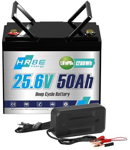 HRBEENERGY 24V 50AH LiFePO4 Batterie 1Pack, eingebaute BMS und Klasse A Zellen, 24V wiederaufladbare Lithium Eisen Phosphat Batterie, 4000-15000 tiefe Zyklen für Wohnmobil, Solar, Trolling Motor