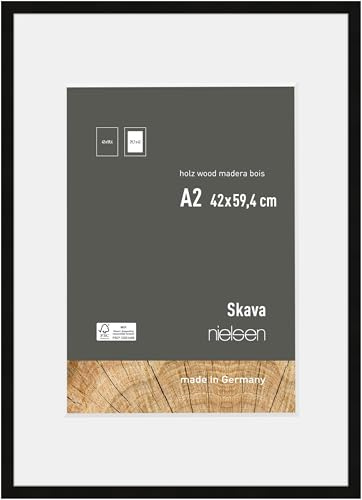 nielsen Holz Bilderrahmen Skava, 42 x 59,4 cm (A2), Schwarz | Holz Posterrahmen mit Passepartout im Hoch- & Querformat zum Aufhängen Schwarz matt Echtglas