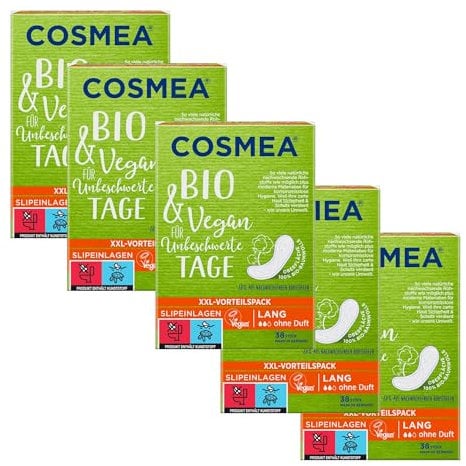 Cosmea Slipeinlagen Bio & Vegan Lang 38 Stück | Für unbeschwerte Tage aus 100% Bio-Baumwolle | Ohne Duft (5er Spar Karton)