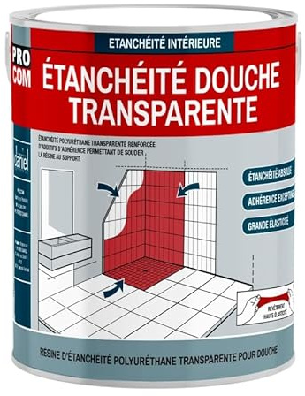 PRO COM Étanchéité douche, salle de bain - Résine d'étanchéité transparente polyuréthane 2.5 litres