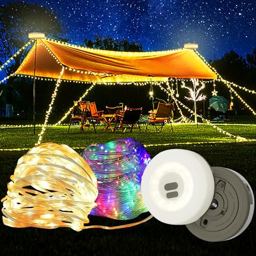Camping Lichterkette Aufrollbar, Tragbare Wasserdichte Verstaubar Usb Wiederaufladbare Campinglampe Für Aussen Balkon Hof Party Festival Deko (Grün, 10M (Farbe & Warmes Licht))
