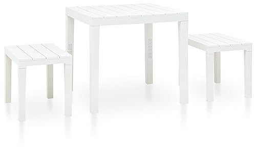 Gecheer Gartentisch Garten-Esstisch Witterungsbeständig Gartenmöbel Tisch Balkontisch Terrassentisch Teetisch mit 2 Bänken Kunststoff Weiß