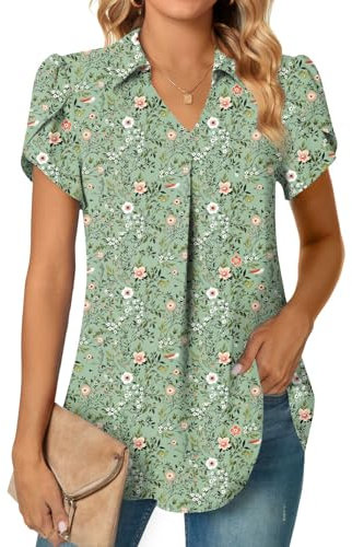 Aodemo Women's Summer Dressy Collared V Neck Chiffon Blouse Short Sleeve Tunic Tops Casual Pleated T-Shirts 2XL, Green Flowers