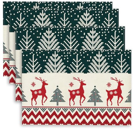 4Stk Weihnachten Platzset, Platzdeckchen Abwaschbar Pixel-Stil Rot Grün Baum Rentier Leinen Tischset Stoff, Party Tischdeko (45x30cm)