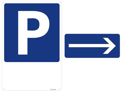 Acuxiaza Cartello Parcheggio con FRECCIA a DESTRA in alluminio composito da 3 mm. 20x30 cm Cartello Metallo Segno di Parcheggio, Segnale Alluminio Blu Per uso esterno o interno installabile a muro