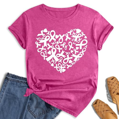 Hohololo T-Shirt Octobre Rose pour Femme Cancer du Sein Cœur Ruban, Rose-C, S