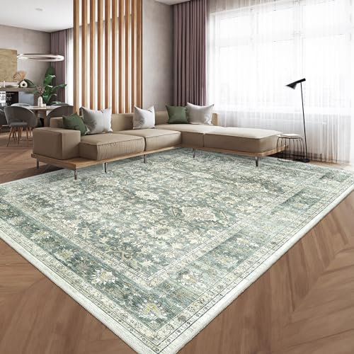 HOMFINE Vintage Area Rug for Living Room - Machine Washable Rug Soft Short Pile for Bedroom Kitchen Floral Print Traditional Rug Stain Resistant, Home Decor Office Carpet, Green, 240 * 340CM