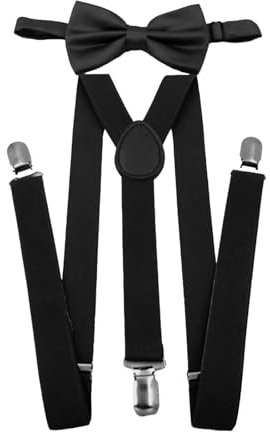 XDGBGFN Fliege Hosenträger Set Herren mit Drei Clips Hosenträger Verstellbar und Elastisch Rückenband Hosenträger und Fliege für Herren (schwarz)