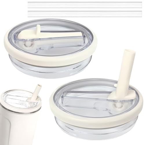 INSPUTOL Replacement Lids for 40 oz Cups, Pack of 2 Cup Lids with 2 Straws Leak-proof and Dustproof Tumbler Covers for Stanley Cup Replacement Lid for Stanley Cup Accessories(off-white)