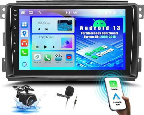 OiLiehu 6+128G 8 Kern Android 13 Doppel Din Radio CarPlay Android Auto für Mercedes Benz Smart Fortwo 451 2005-2010 Autoradio Mit Bildschirm 9 Zoll mit Bluetooth GPS FM RDS WiFi DSP/EQ+Rückfahrkamera