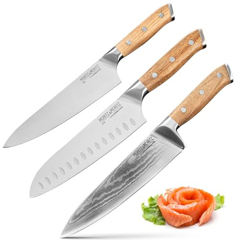 Moritz & Moritz Profi Messerset 3-teilig bestehend aus Kochmesser, Santokumesser und Damastmesser – ultrascharf, Ergonomisch und langlebig für präzise Schnitte - Messer Set perfekt für Hobbyköche