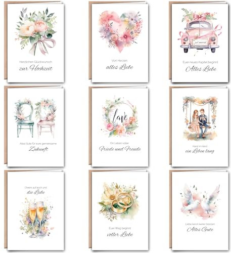 Hochzeitskarten Set DIN A6 mit Umschlägen – 9 Hochwertige Glückwunschkarten mit Designs & Sprüchen – Klappkarten Perfekt für Freunde, Familie & Kollegen
