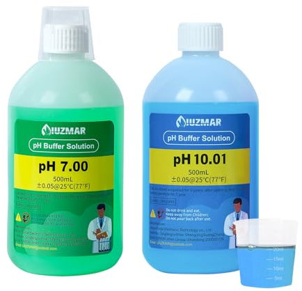 UIUZMAR pH Kalibrierlösung Kit, pH 10.01/7.00 500ml Lösung jeweils, pH Pufferlösung mit Container (30ml*2) für pH Messgerät, pH Tester, pH Monitor, pH Sonde, pH Elektrode