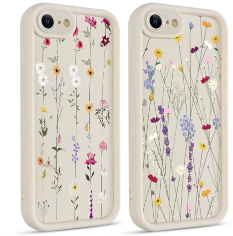 Coiwxmoi 2 Stück Handyhülle für iPhone 7/8/SE2020/SE2022 Hülle, Aesthetic Blumen Blätter Muster Design Mädchen Frauen Schutzhülle, Silikon Cover Erhöhte Displayränder Case für iPhone SE 4,7, Flower