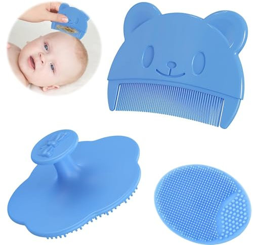 Heanvmyss Baby Bath Brush,3 Pcs Baby Hair Comb,Cradle Cap Brush and Comb,Silicone Massage Brush,2-in-1 Children's Comb,Baby Hair Brush,Flower and Oval Comb for Child,Newborns,Infants(Blue)